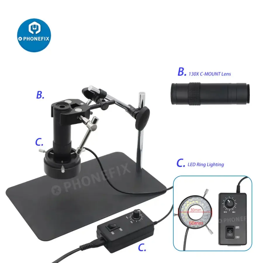 13MP Industrial Camera Magic Arm 130X Lens Super Clamp Microscope Set