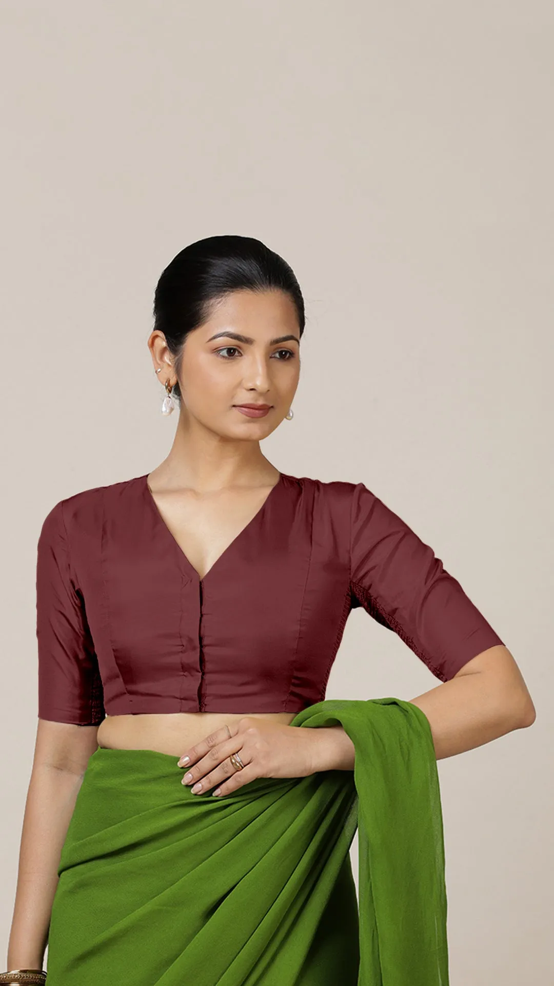 Begum x Rozaana | Elbow Sleeves Saree Blouse in Burgundy