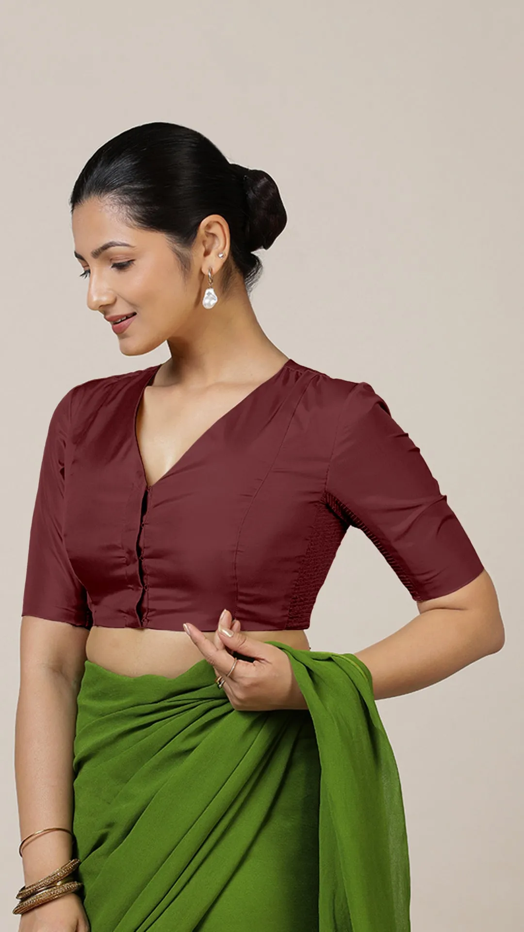 Begum x Rozaana | Elbow Sleeves Saree Blouse in Burgundy