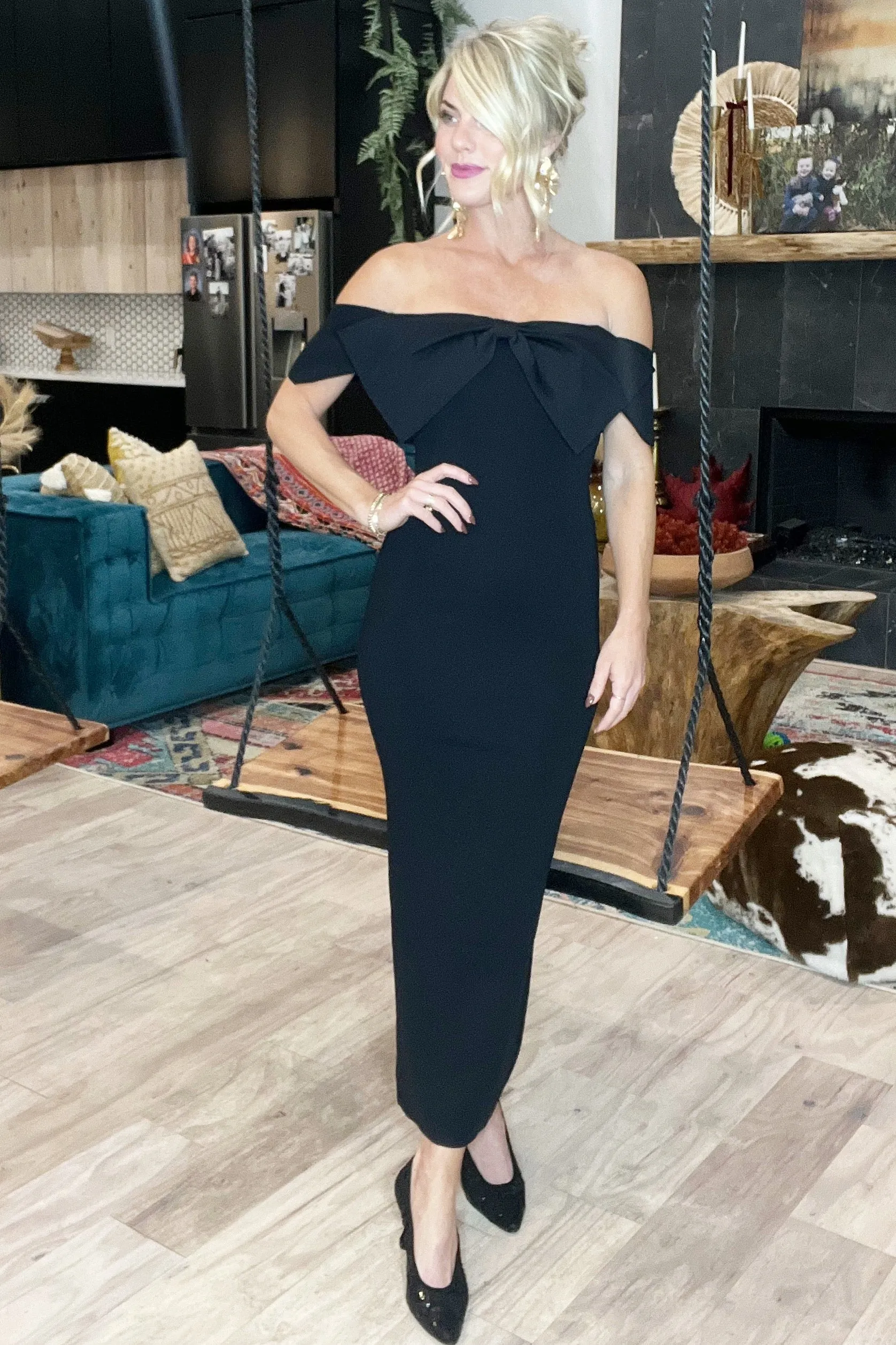 Black Off Shoulder Bow Dress (pre-order)