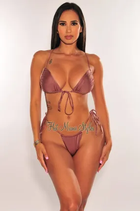 Bronze Shimmery Criss Cross Tie Up Sides Thong Bikini Top