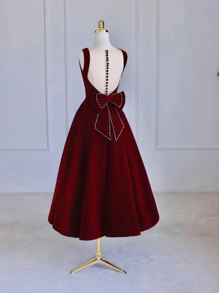 Burgundy Elegant A-Line Tea Length Formal Party Dress with Bow,DP1716