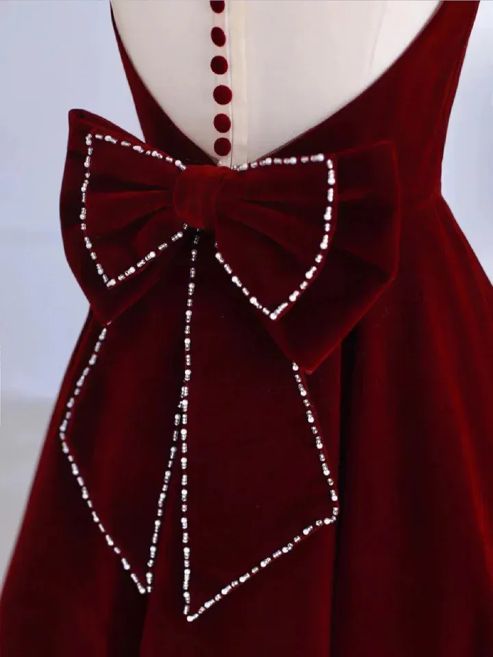 Burgundy Elegant A-Line Tea Length Formal Party Dress with Bow,DP1716