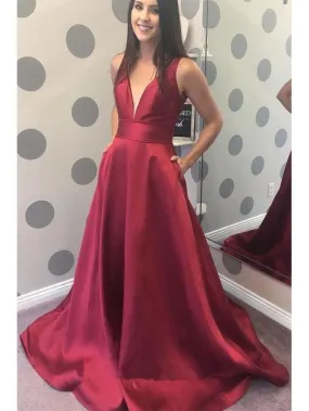 Burgundy Satin V-neck Simple Cheap Long Prom Dresses with Pocket 3349