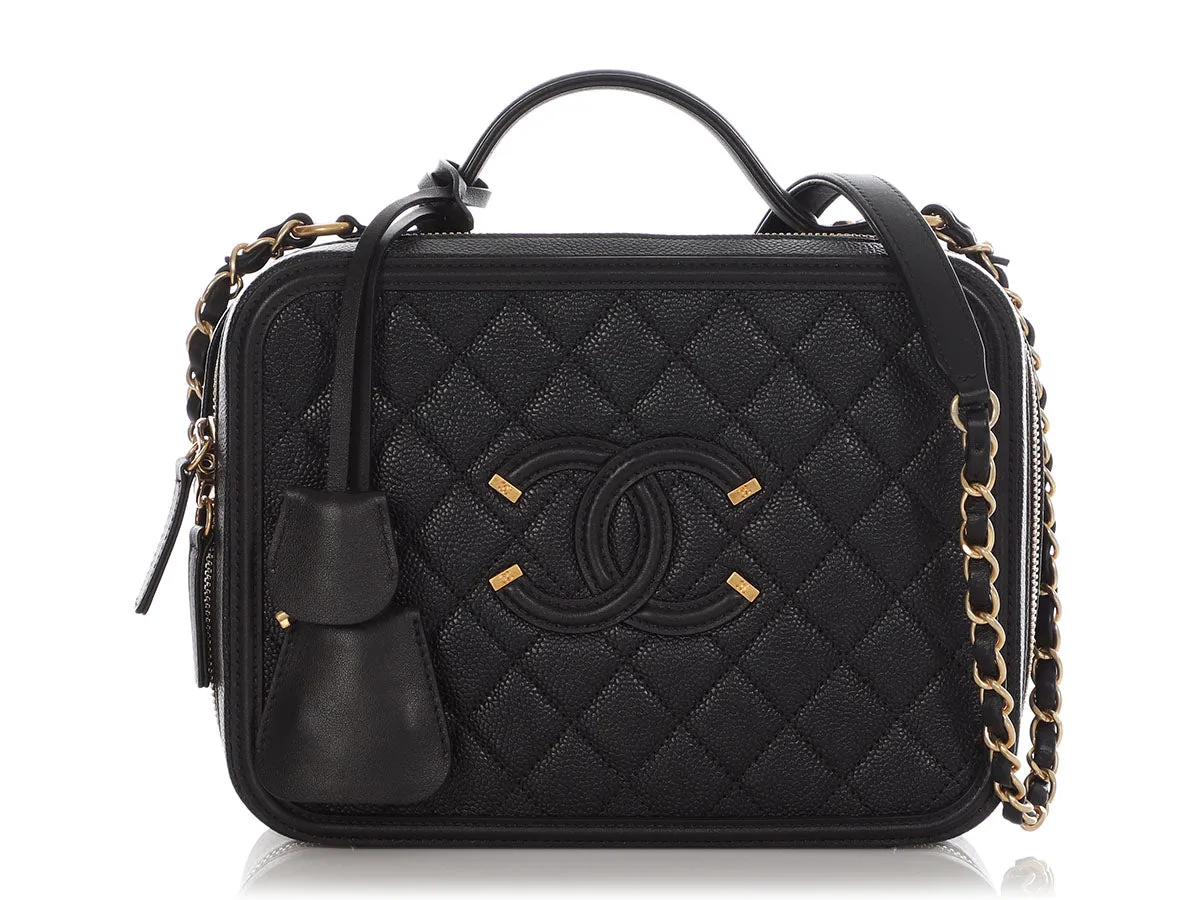 Chanel Large Black Part-Quilted Caviar Filigree Vanity Case