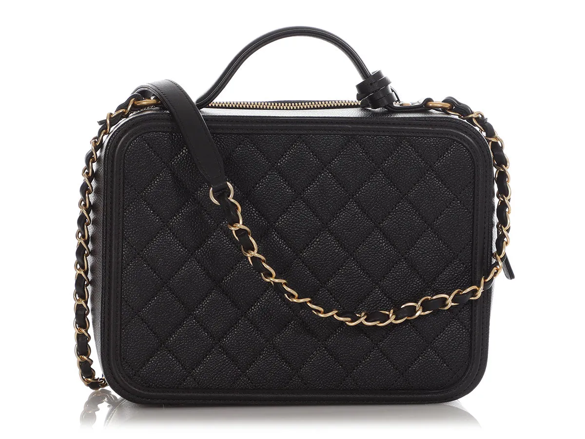 Chanel Large Black Part-Quilted Caviar Filigree Vanity Case