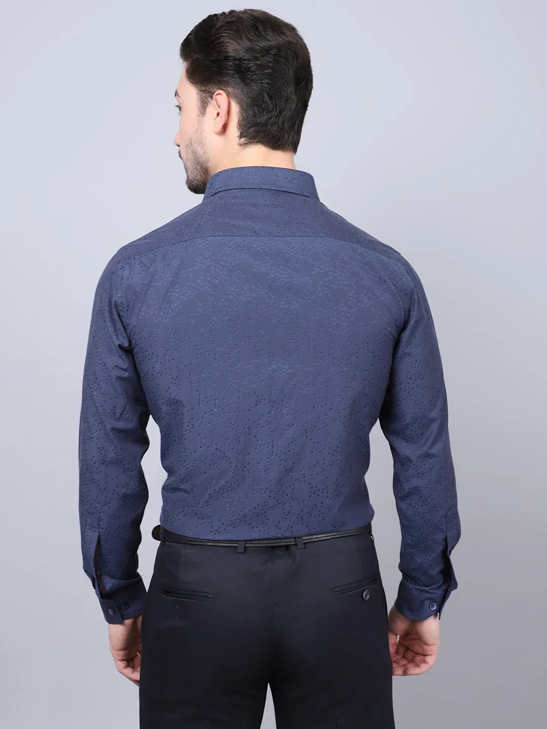 Cotton Blend Self Design Navy Blue Full Sleeve Regular Fit Formal Shirt for Men with Pocket