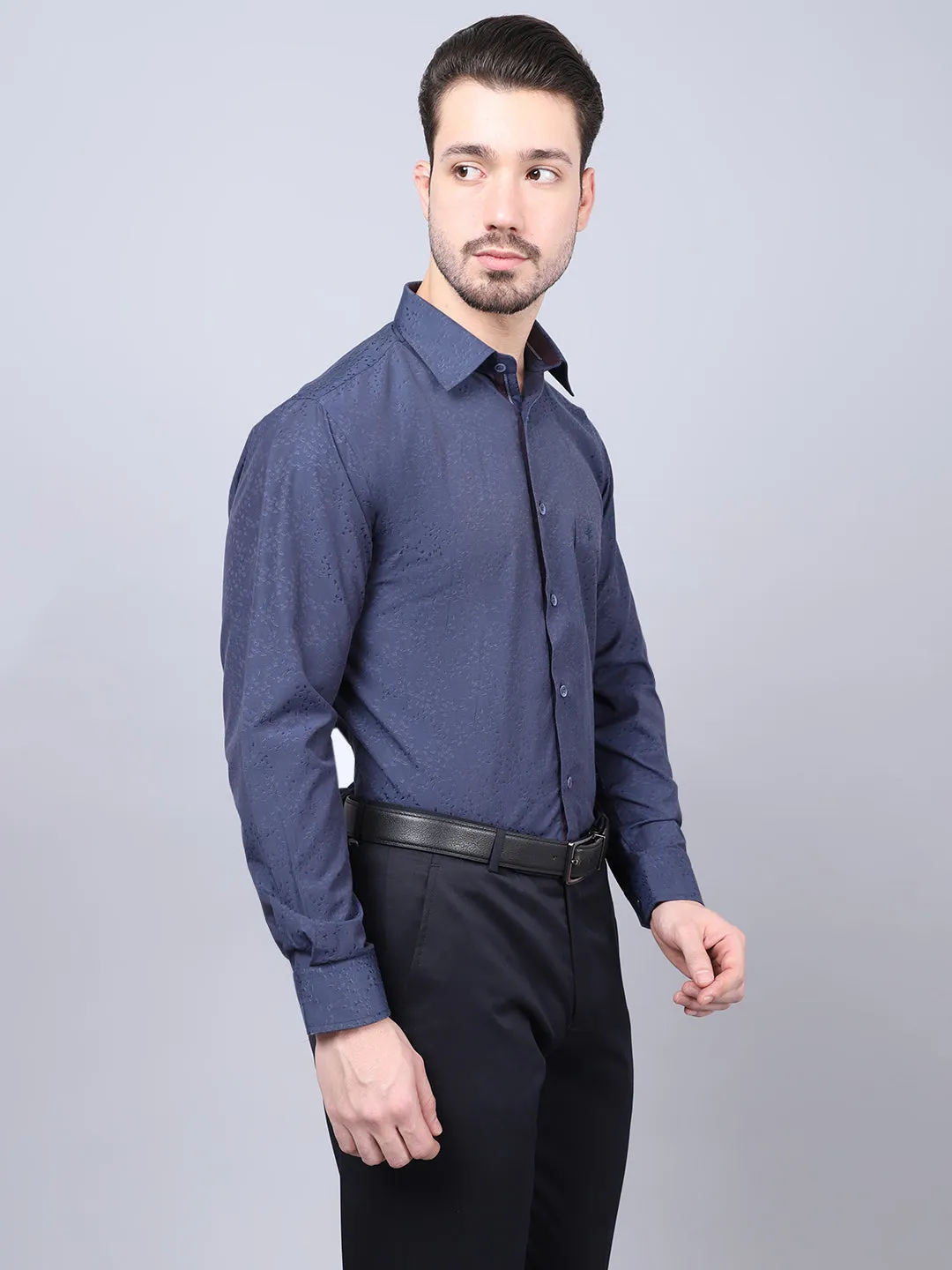 Cotton Blend Self Design Navy Blue Full Sleeve Regular Fit Formal Shirt for Men with Pocket