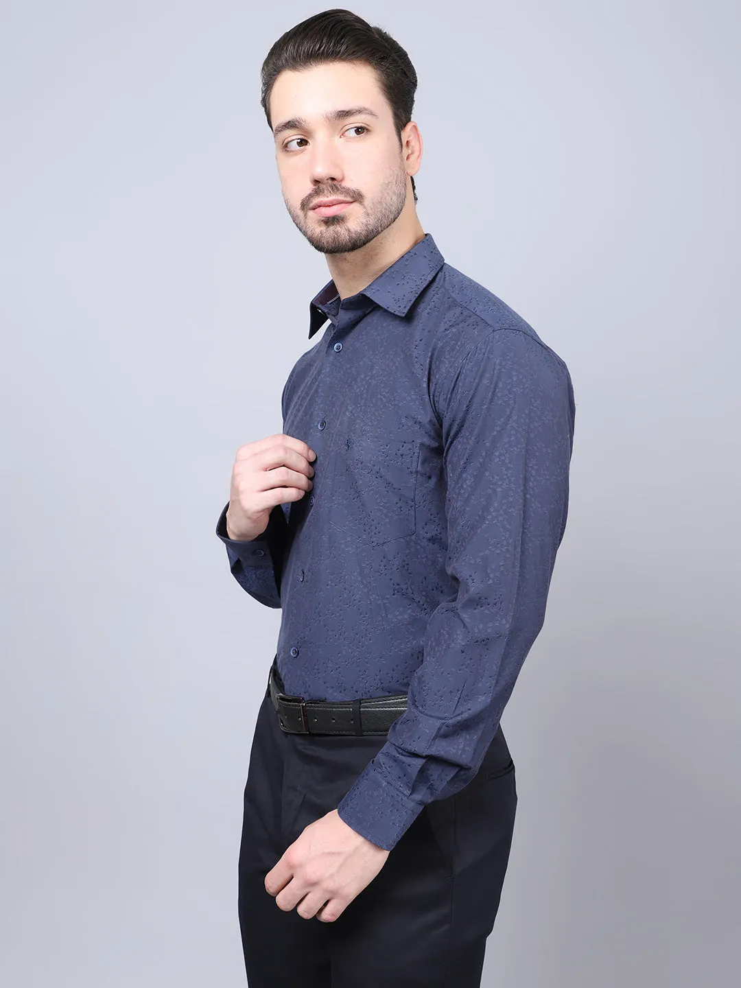 Cotton Blend Self Design Navy Blue Full Sleeve Regular Fit Formal Shirt for Men with Pocket