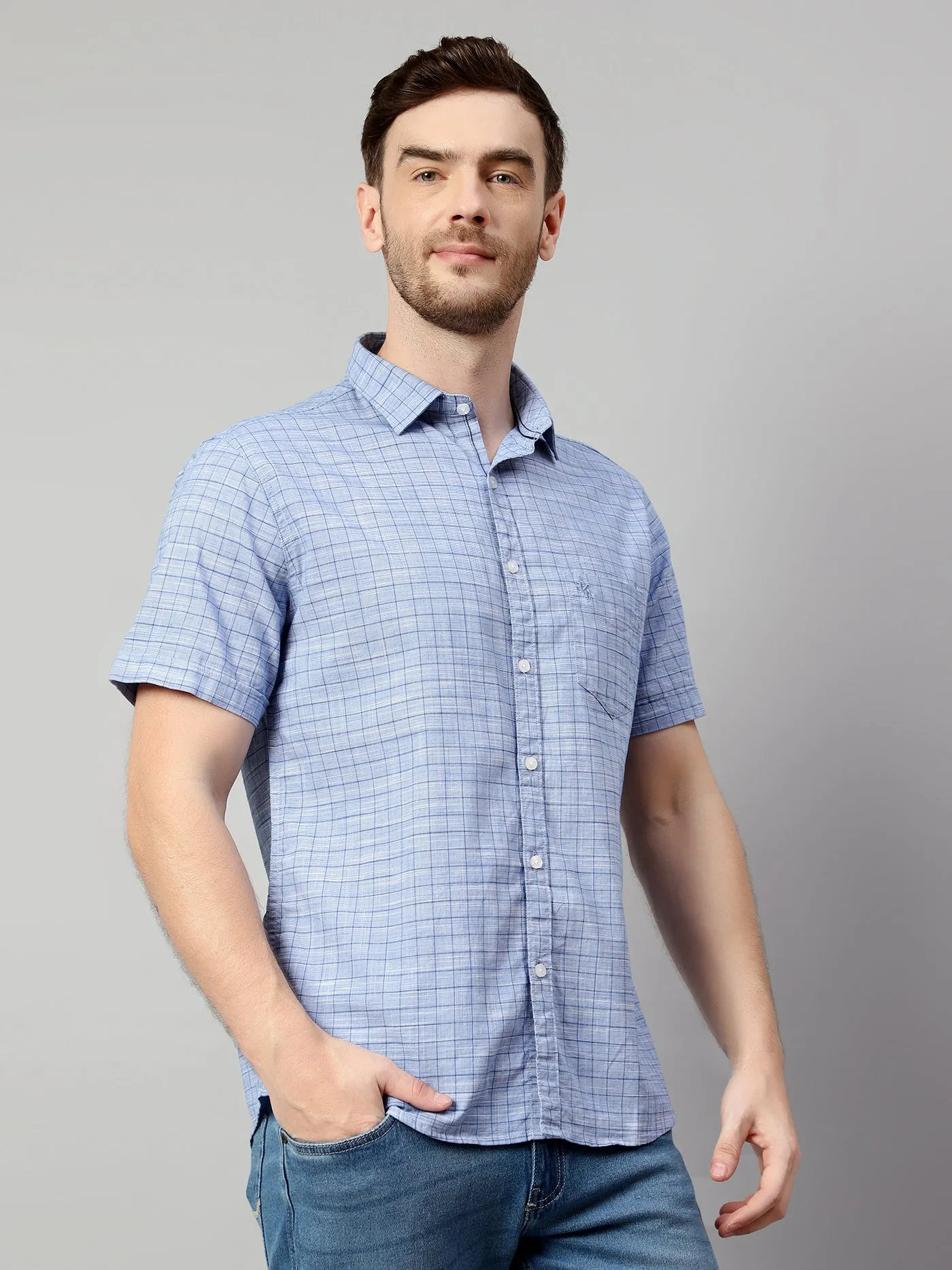 Cotton Checkered Blue Half Sleeve Regular Fit Casual Shirt for Men with Pocket