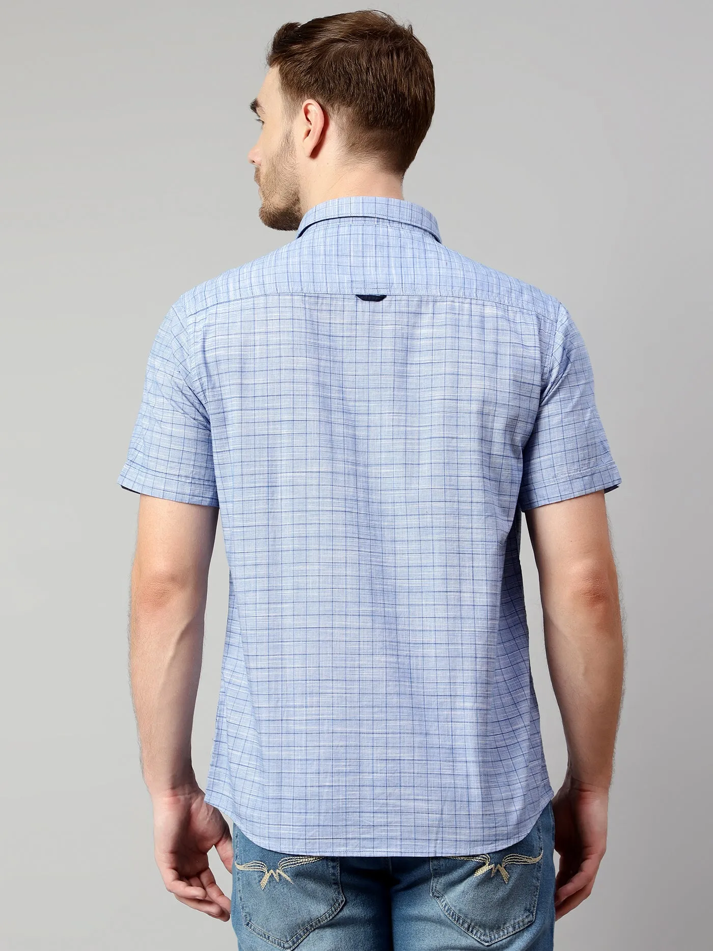 Cotton Checkered Blue Half Sleeve Regular Fit Casual Shirt for Men with Pocket