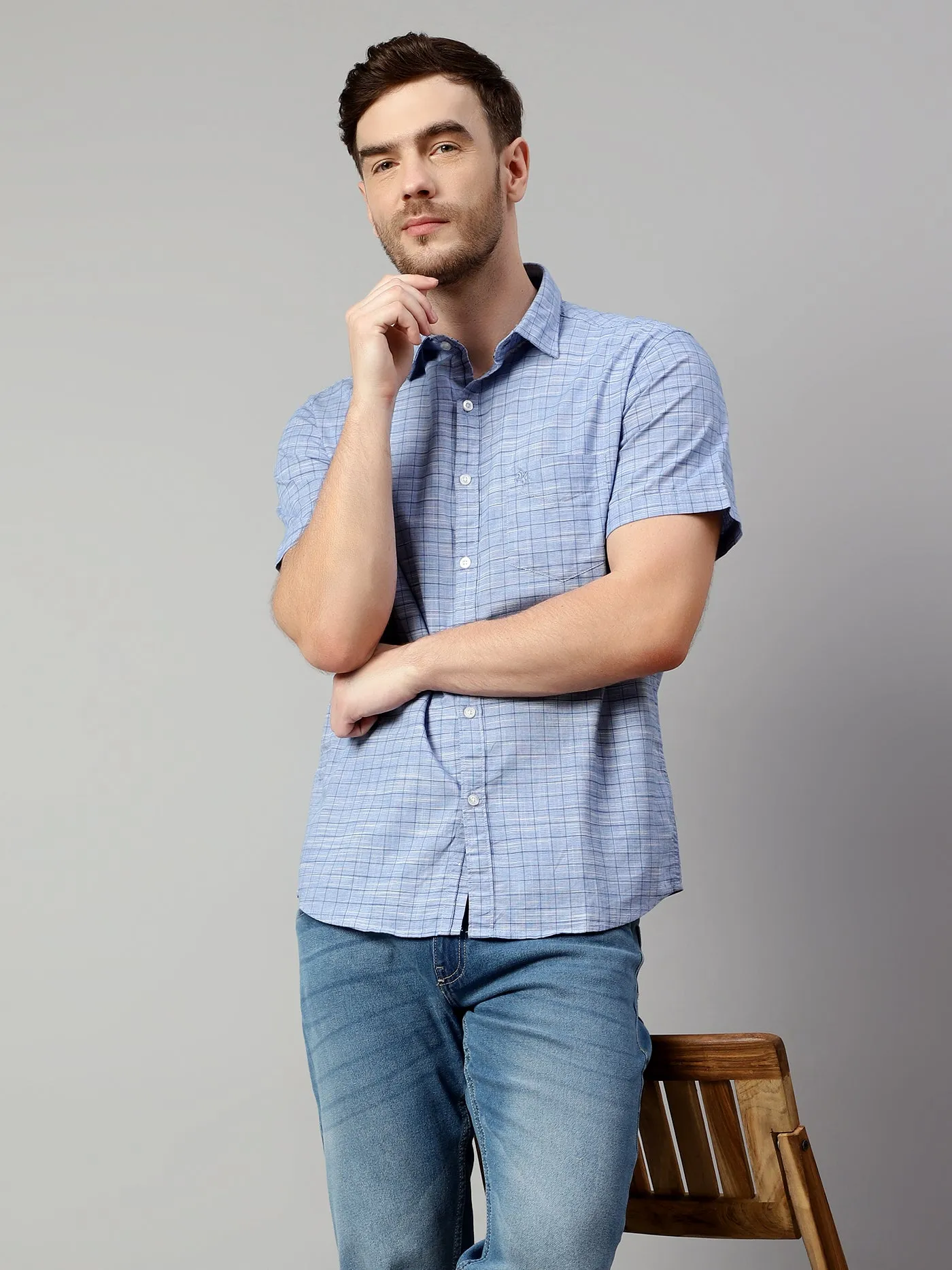 Cotton Checkered Blue Half Sleeve Regular Fit Casual Shirt for Men with Pocket