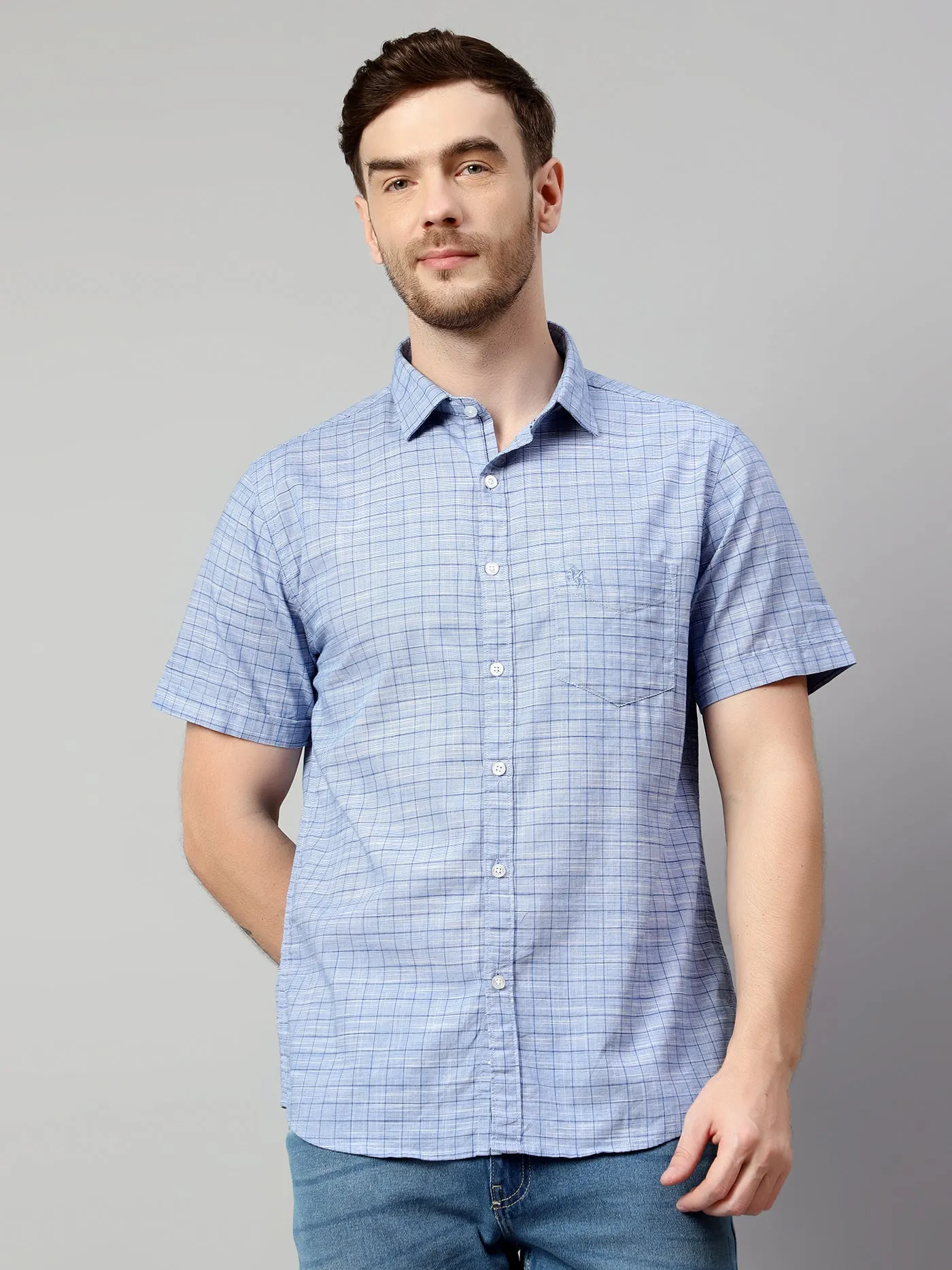 Cotton Checkered Blue Half Sleeve Regular Fit Casual Shirt for Men with Pocket