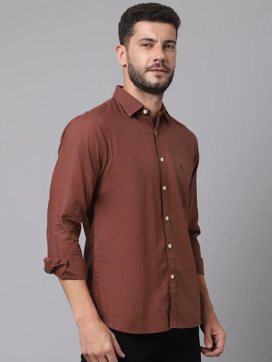 Cotton Checkered Rust Full Sleeve Regular Fit Casual Shirt for Men with Pocket