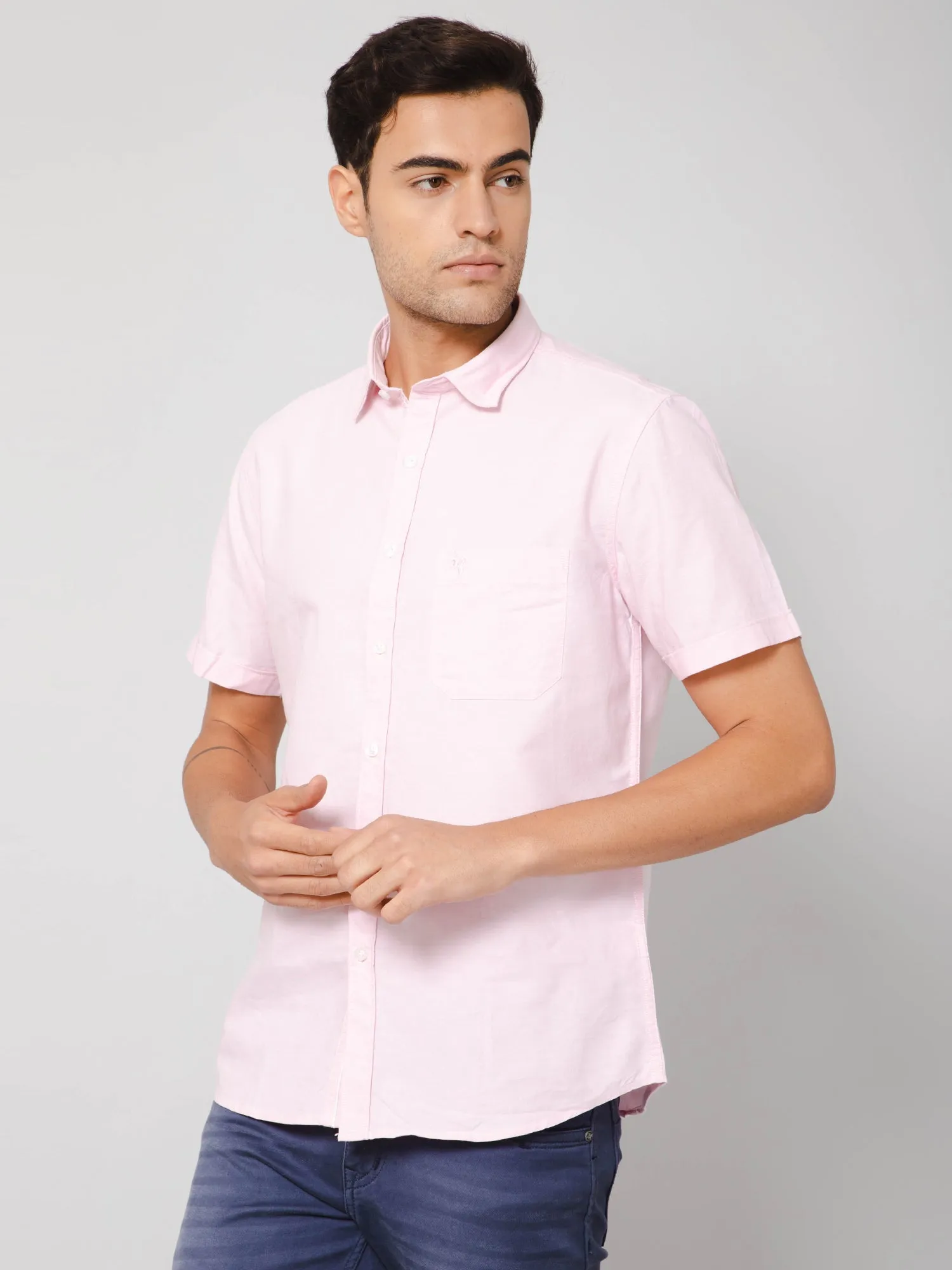 Cotton Solid Pink Half Sleeve Regular Fit Casual Shirt for Men with Pocket