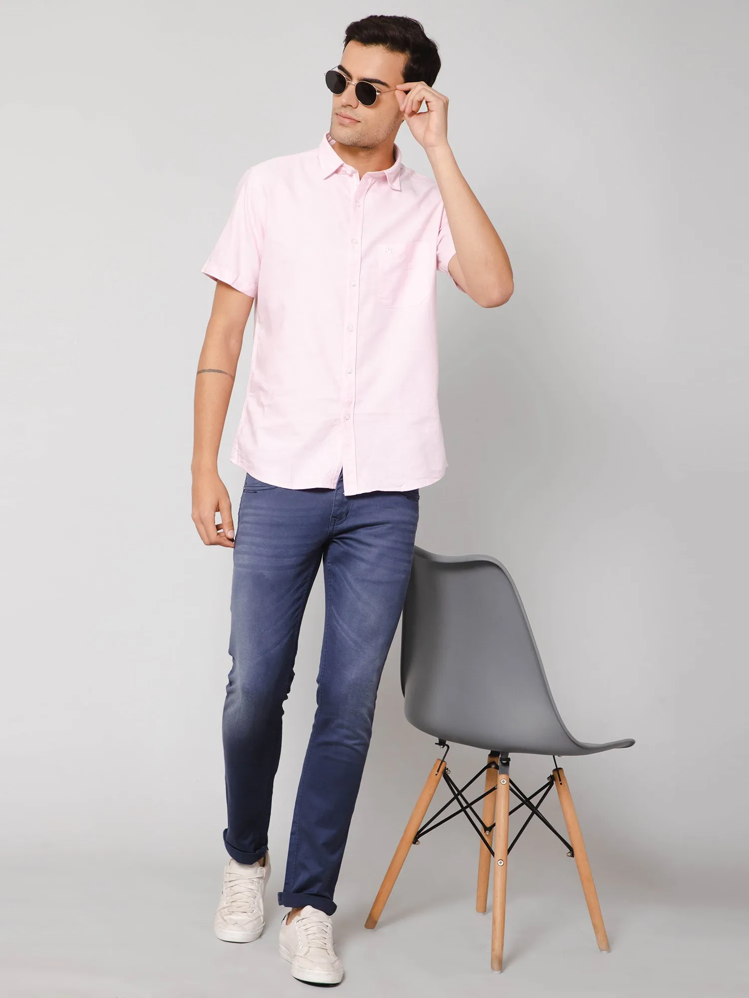 Cotton Solid Pink Half Sleeve Regular Fit Casual Shirt for Men with Pocket