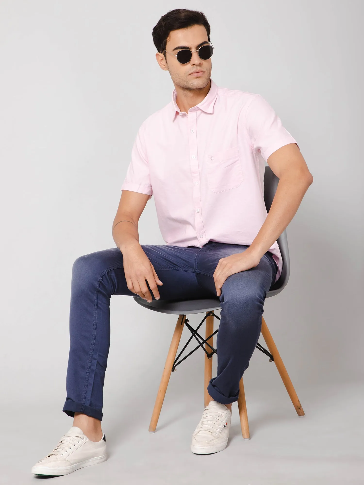 Cotton Solid Pink Half Sleeve Regular Fit Casual Shirt for Men with Pocket