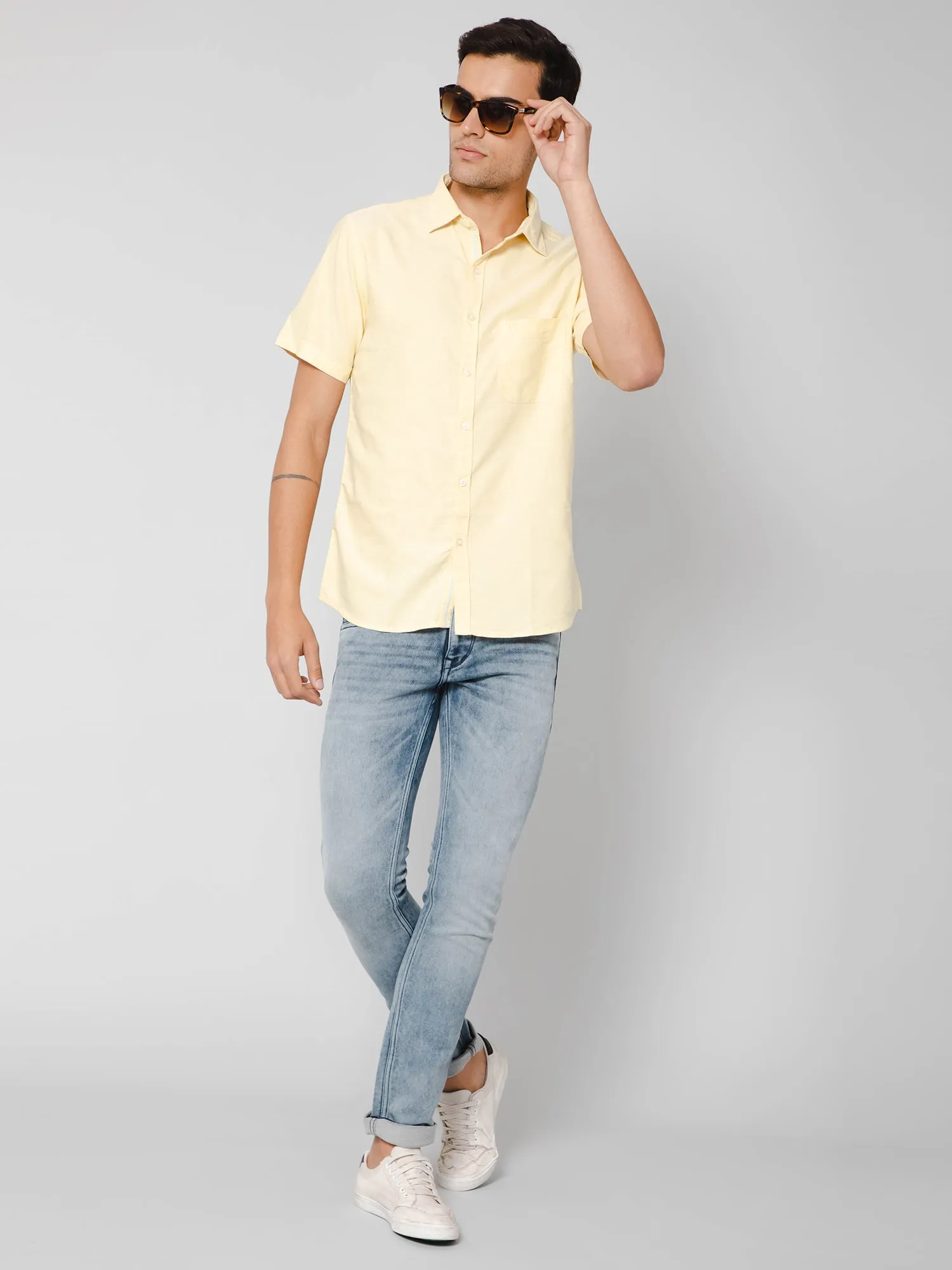 Cotton Solid Yellow Half Sleeve Regular Fit Casual Shirt for Men with Pocket