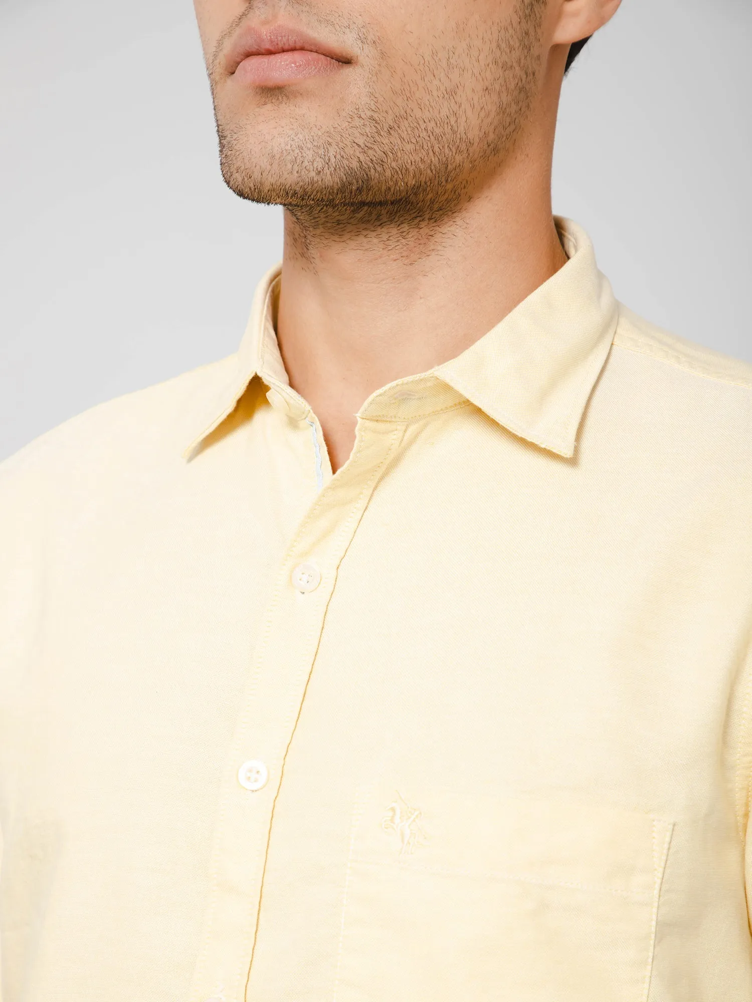 Cotton Solid Yellow Half Sleeve Regular Fit Casual Shirt for Men with Pocket