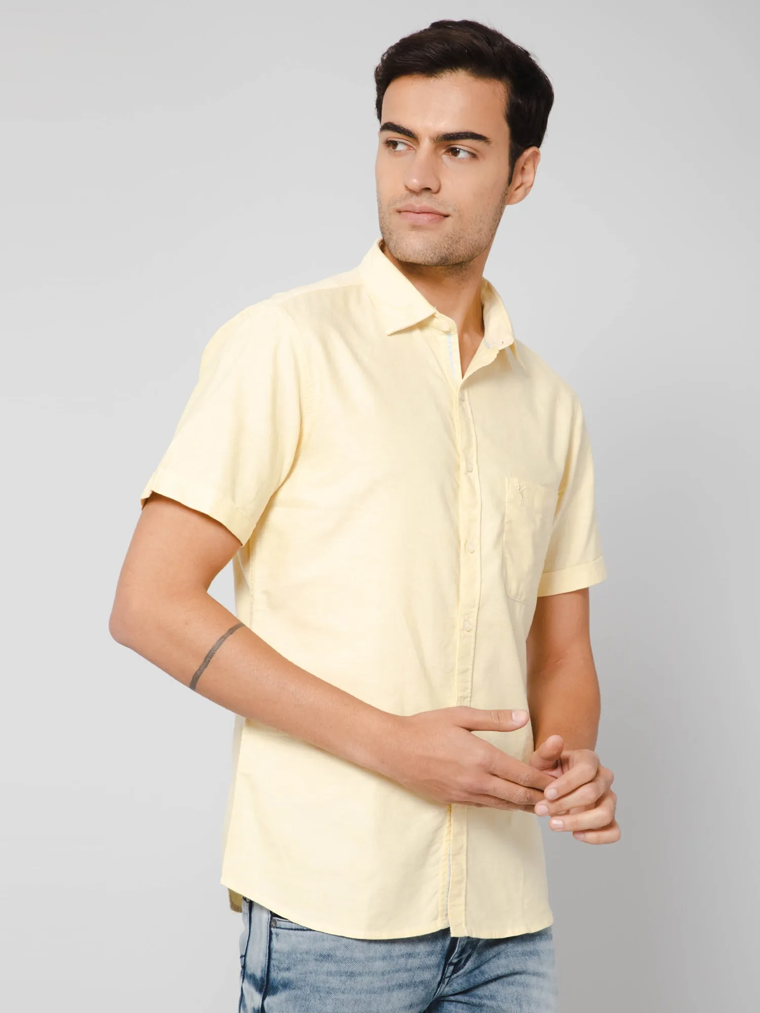 Cotton Solid Yellow Half Sleeve Regular Fit Casual Shirt for Men with Pocket