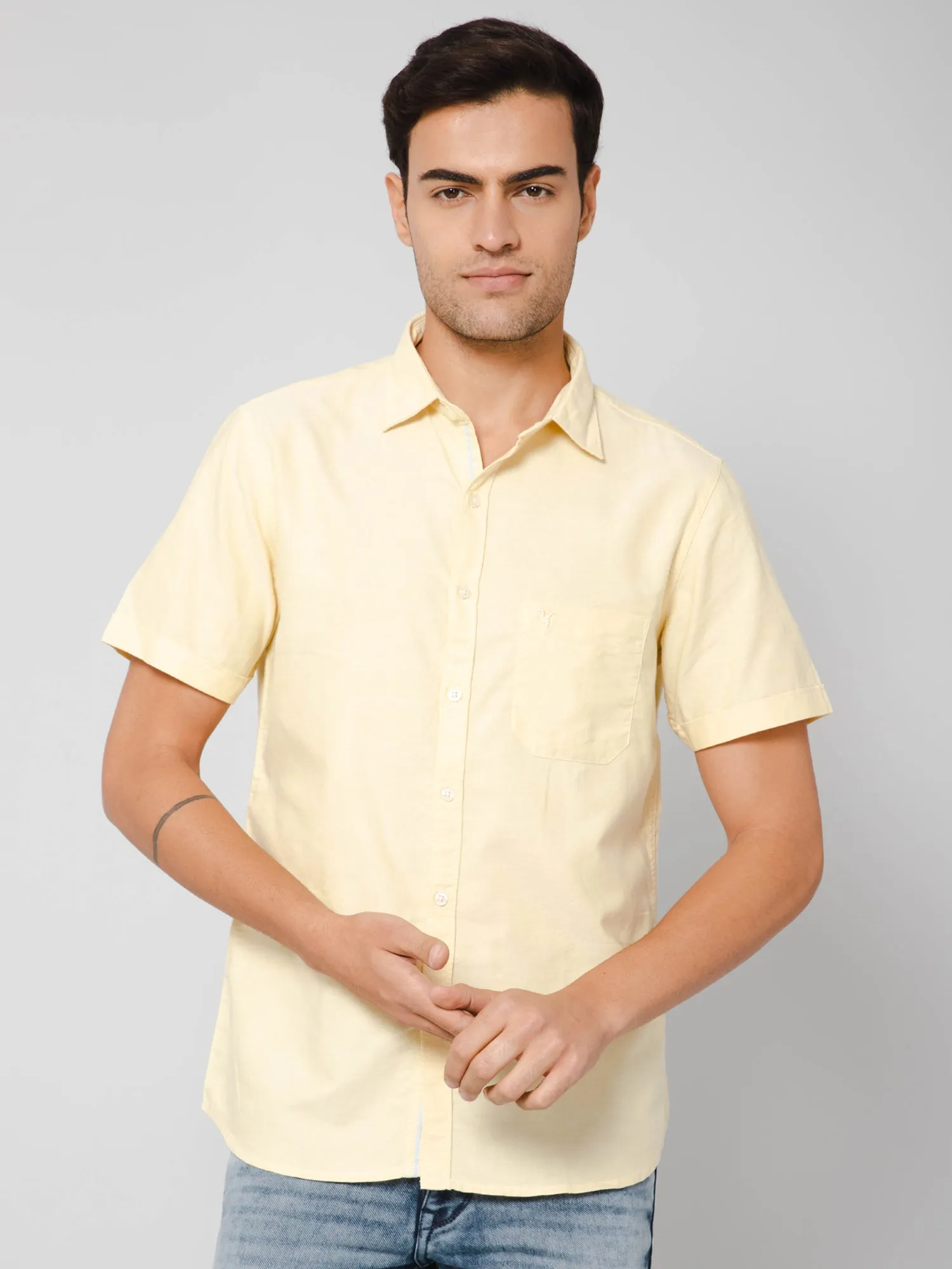 Cotton Solid Yellow Half Sleeve Regular Fit Casual Shirt for Men with Pocket