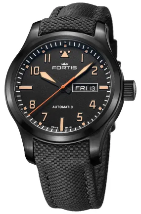 Fortis Aeromaster Stealth Automatic Black PVD Black Dial Black Textile Strap Day/Date Divers Mens Watch F4020007