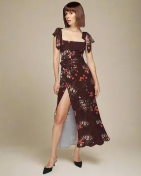 Jasmine Burgundy Long Floral Dress with Square Neckline and Tie Straps