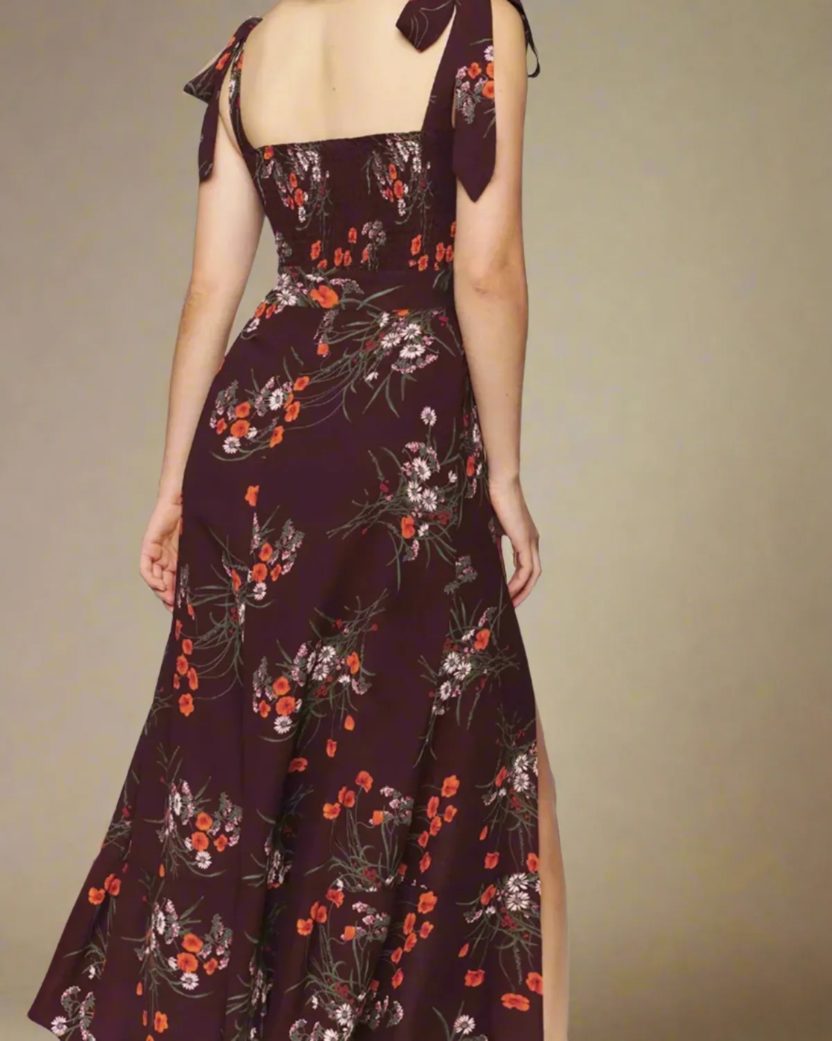 Jasmine Burgundy Long Floral Dress with Square Neckline and Tie Straps