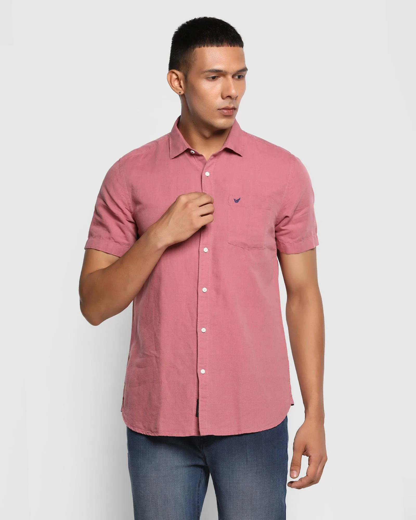 Linen Casual Half Sleeve Pink Solid Shirt - Salmon