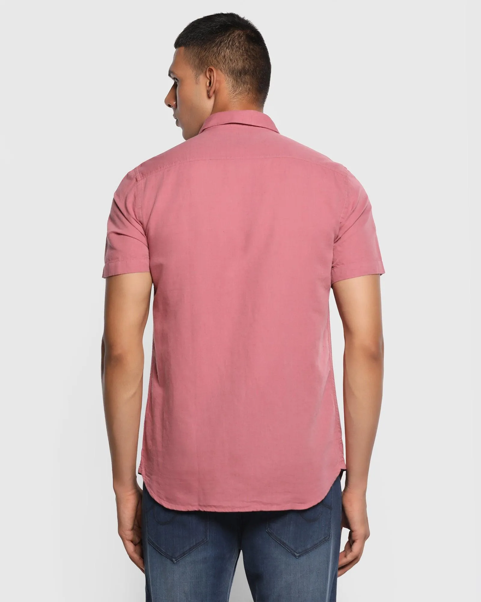 Linen Casual Half Sleeve Pink Solid Shirt - Salmon