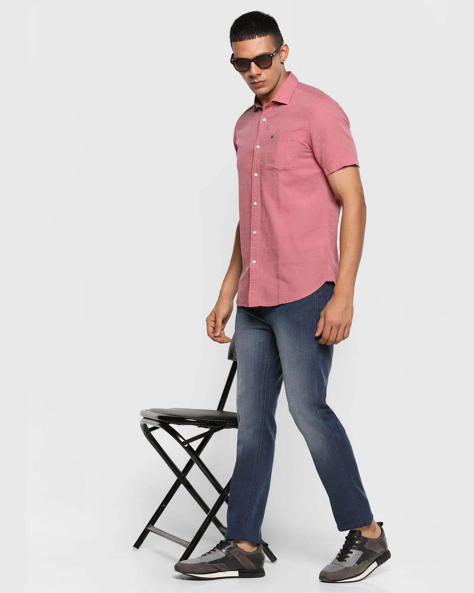 Linen Casual Half Sleeve Pink Solid Shirt - Salmon