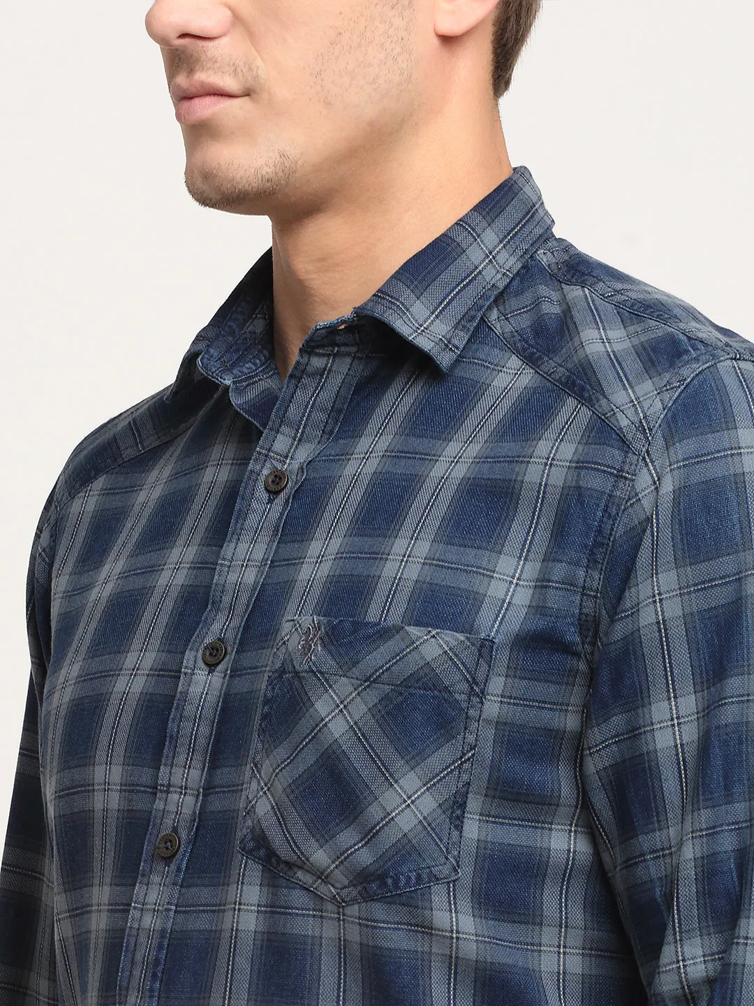 Men Cotton Checkered Navy Blue Full Sleeve Casual Shirt for Men with Pocket