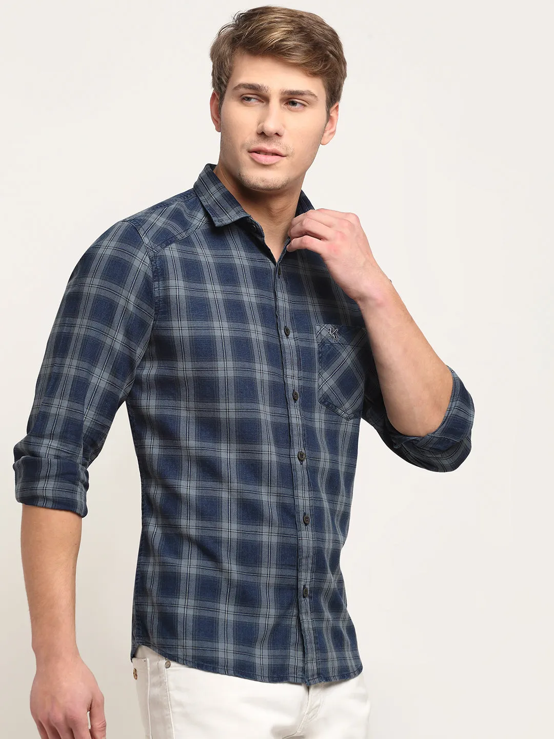 Men Cotton Checkered Navy Blue Full Sleeve Casual Shirt for Men with Pocket