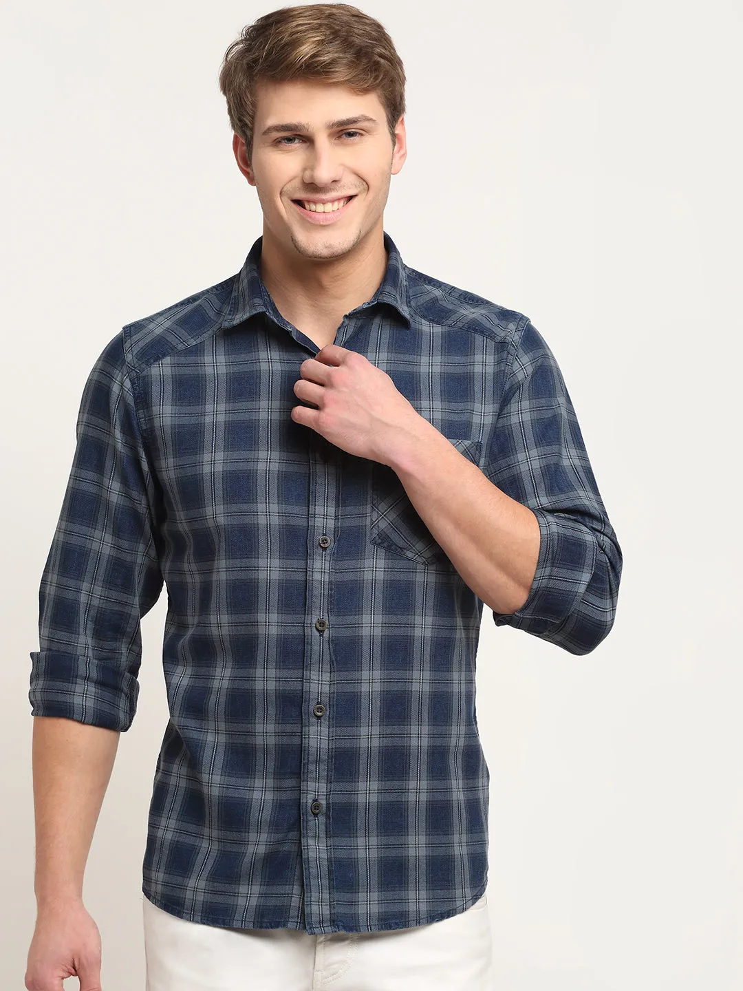 Men Cotton Checkered Navy Blue Full Sleeve Casual Shirt for Men with Pocket