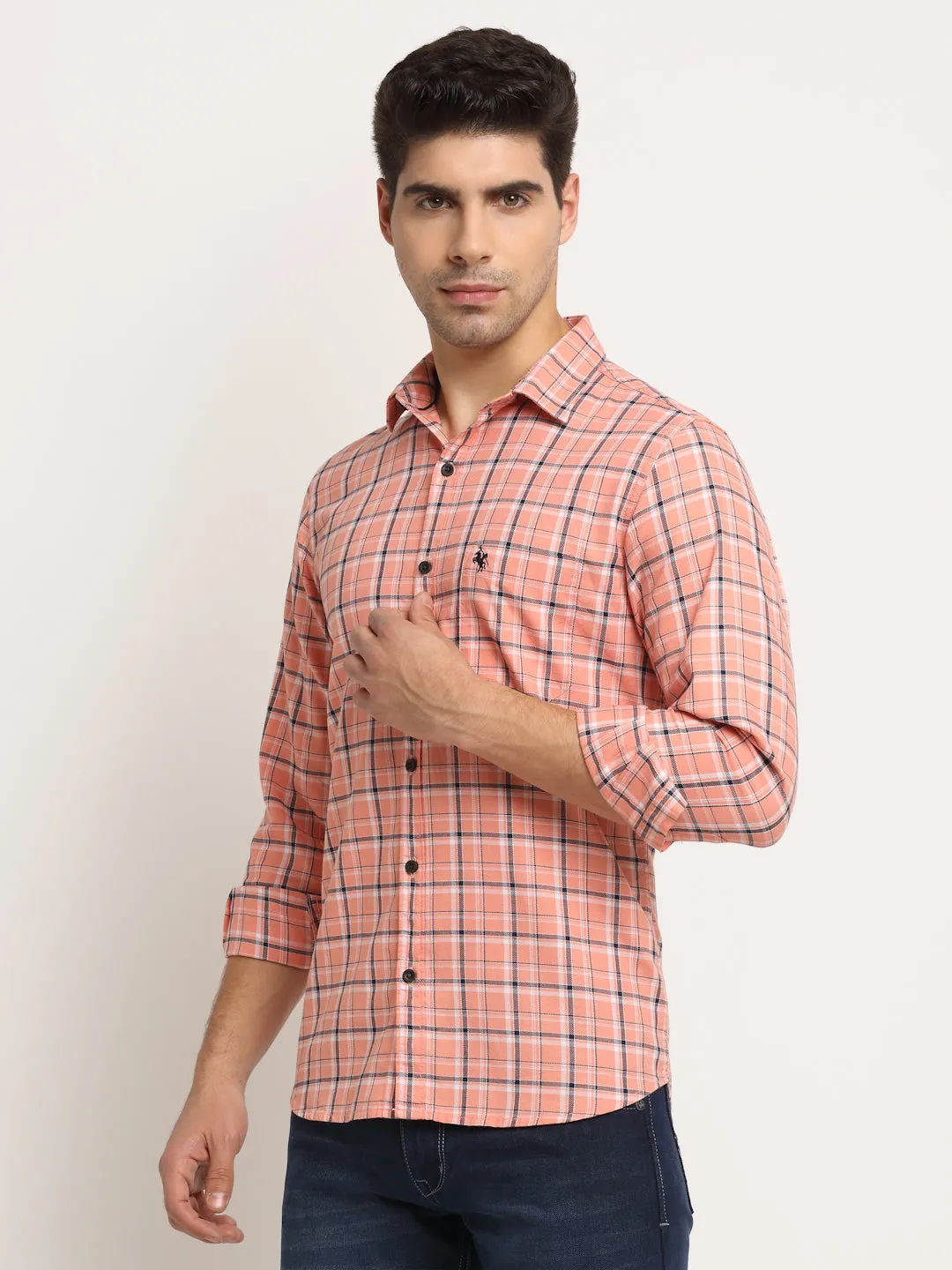 Men Cotton Checkered Pink Full Sleeve Casual Shirt for Men with Pocket