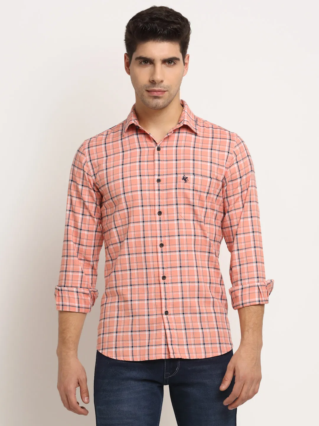 Men Cotton Checkered Pink Full Sleeve Casual Shirt for Men with Pocket