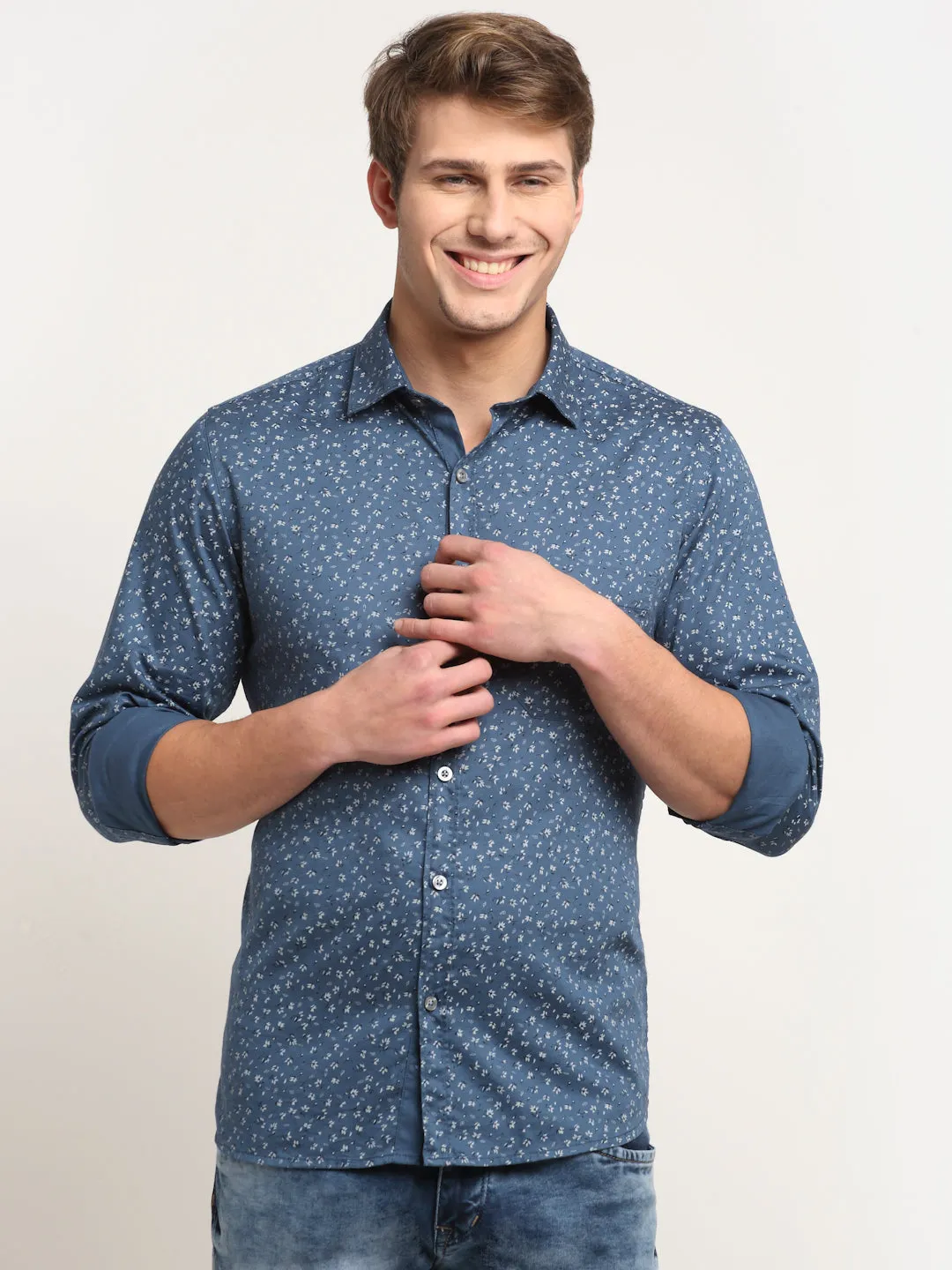 Men Cotton Printed Blue Full Sleeve Casual Shirt for Men with Pocket