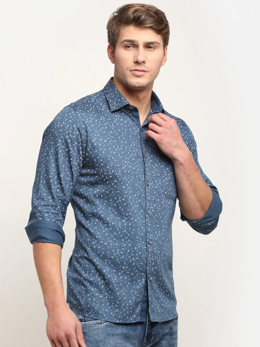 Men Cotton Printed Blue Full Sleeve Casual Shirt for Men with Pocket