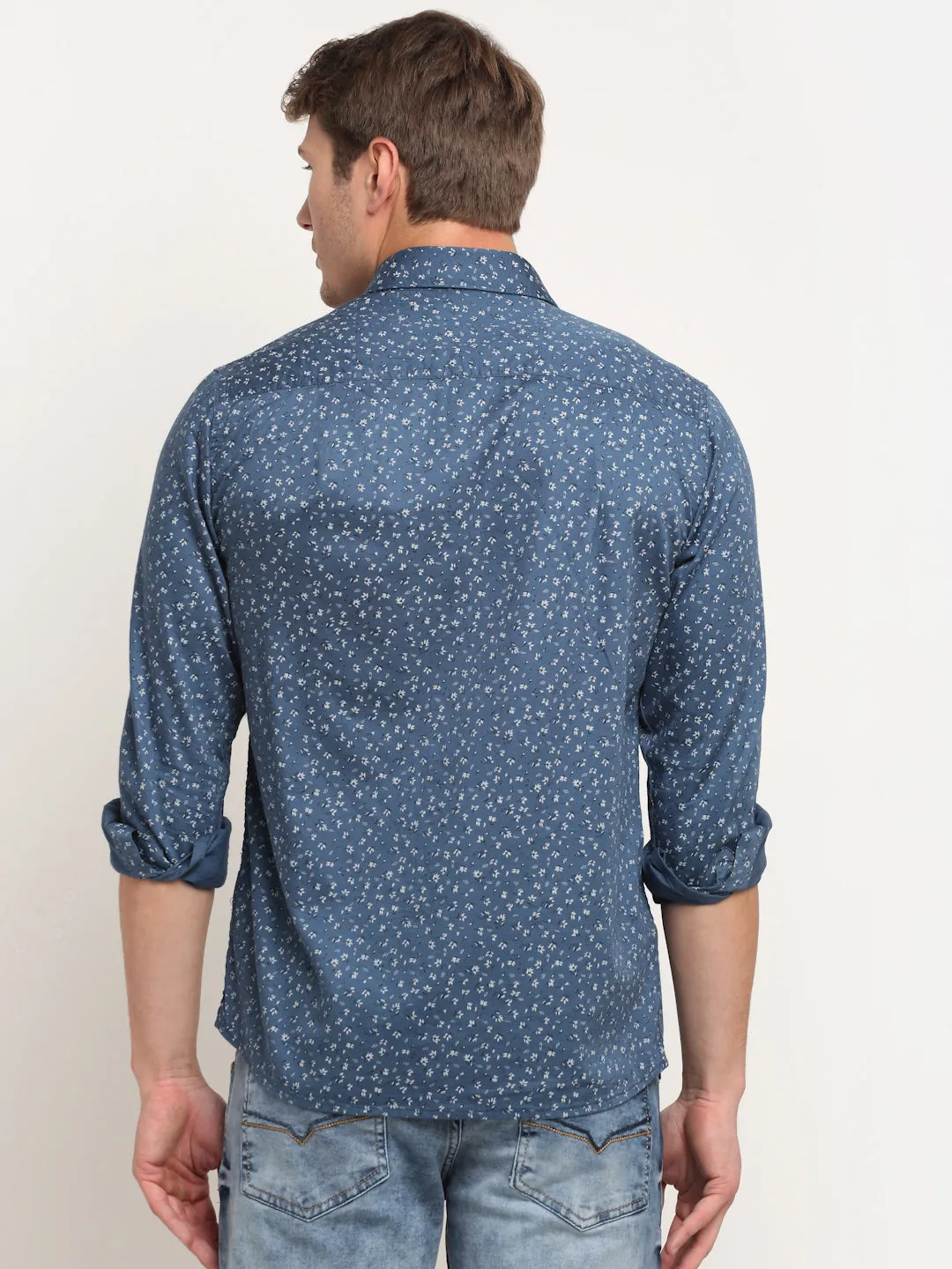 Men Cotton Printed Blue Full Sleeve Casual Shirt for Men with Pocket