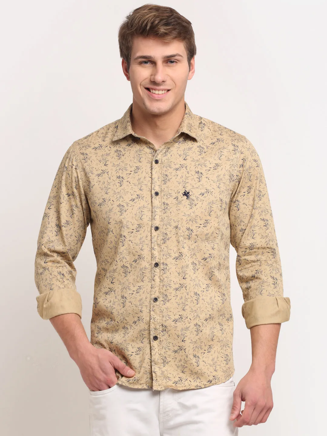 Men Cotton Printed Khaki Full Sleeve Casual Shirt for Men with Pocket