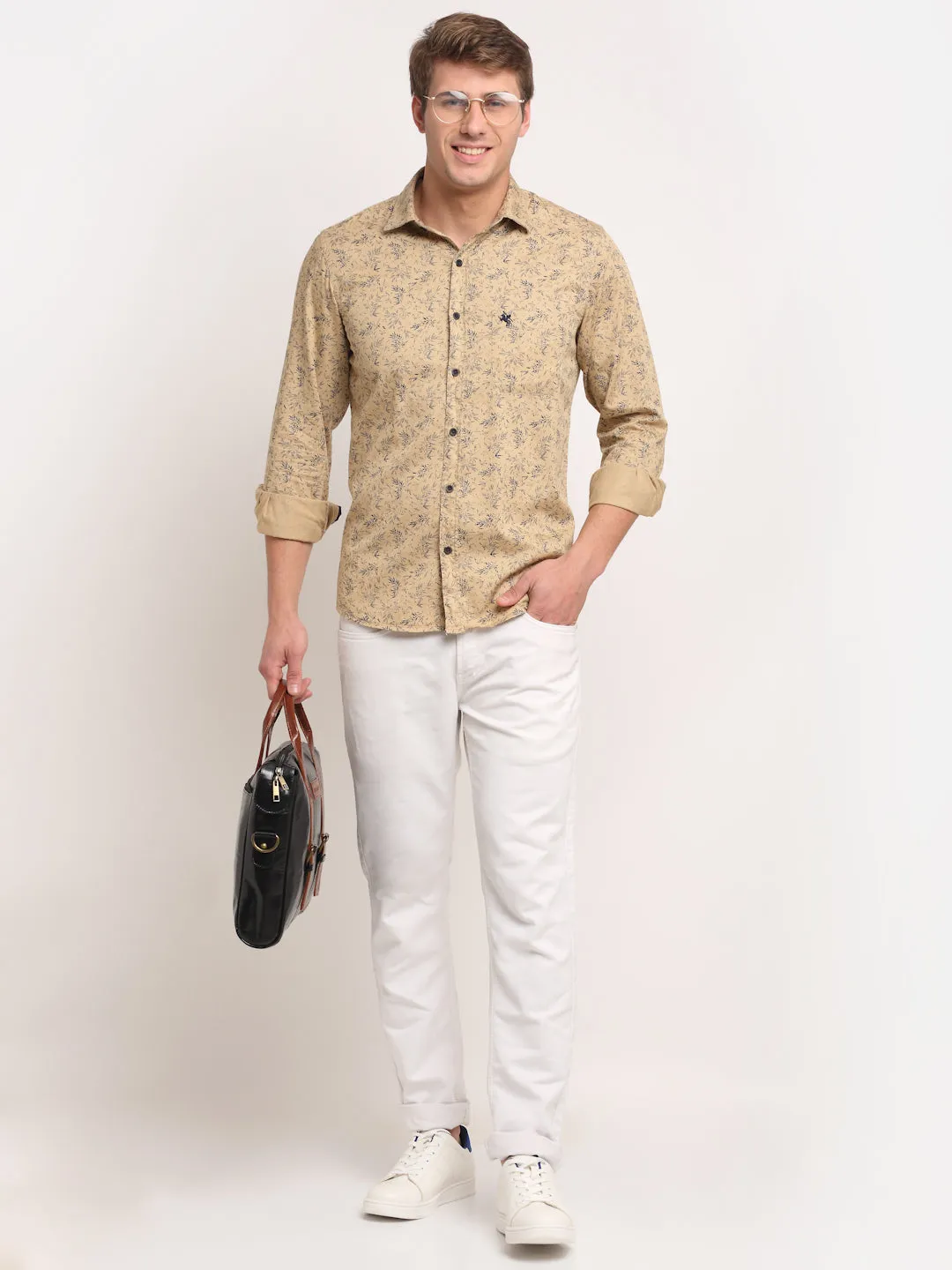 Men Cotton Printed Khaki Full Sleeve Casual Shirt for Men with Pocket