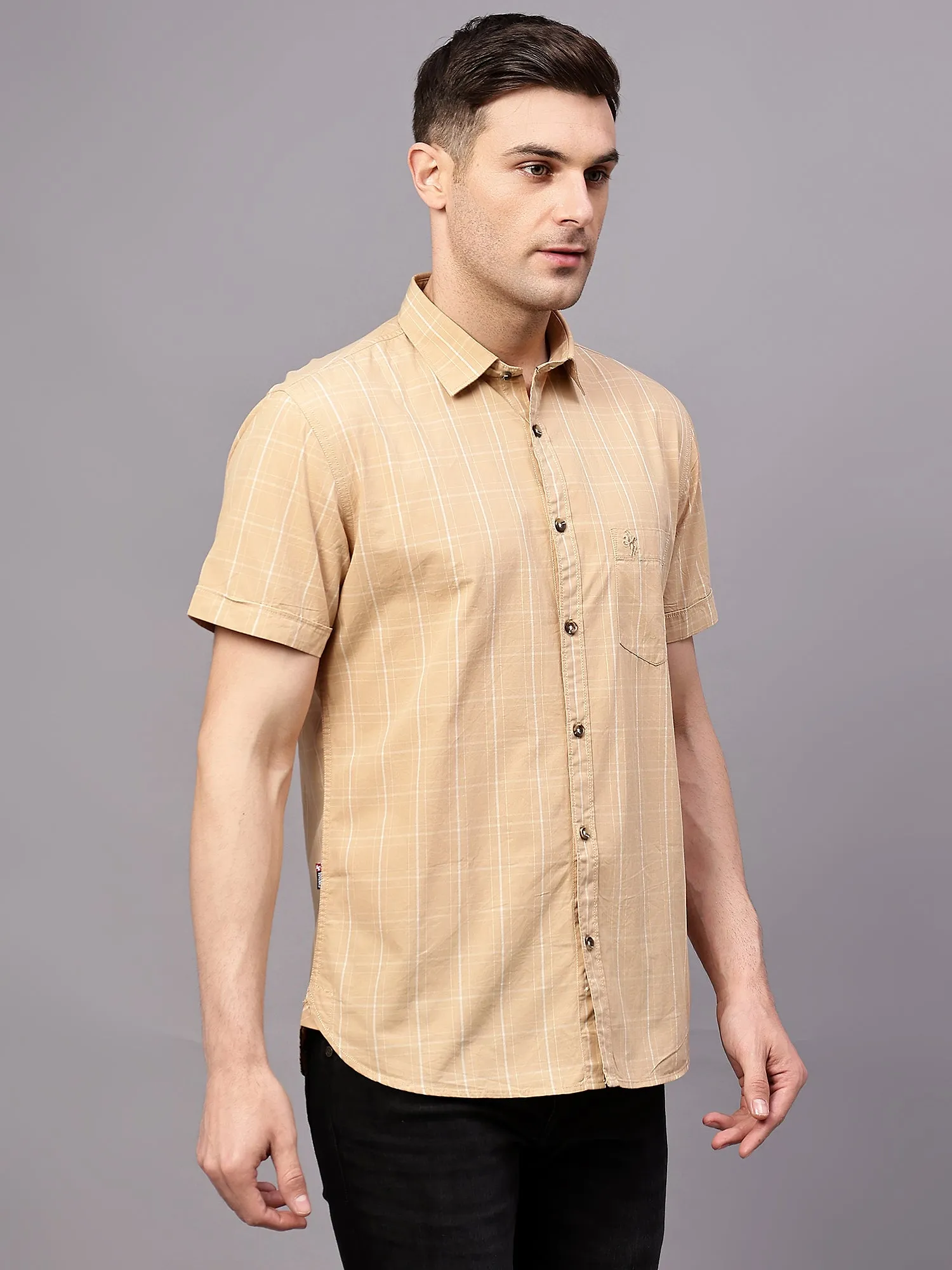 Men's Beige Casual Medium Checks Half sleeve Shirt