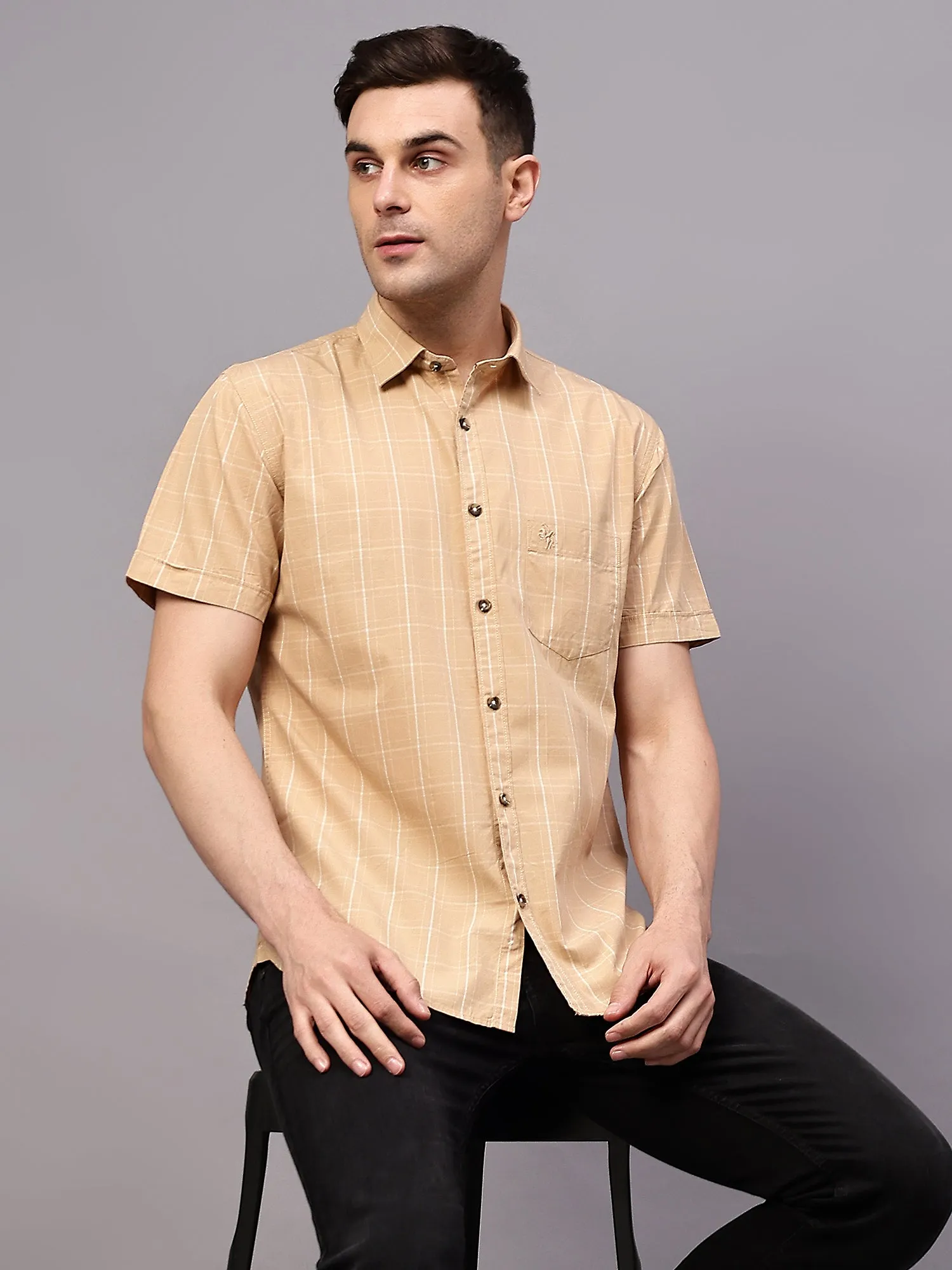 Men's Beige Casual Medium Checks Half sleeve Shirt