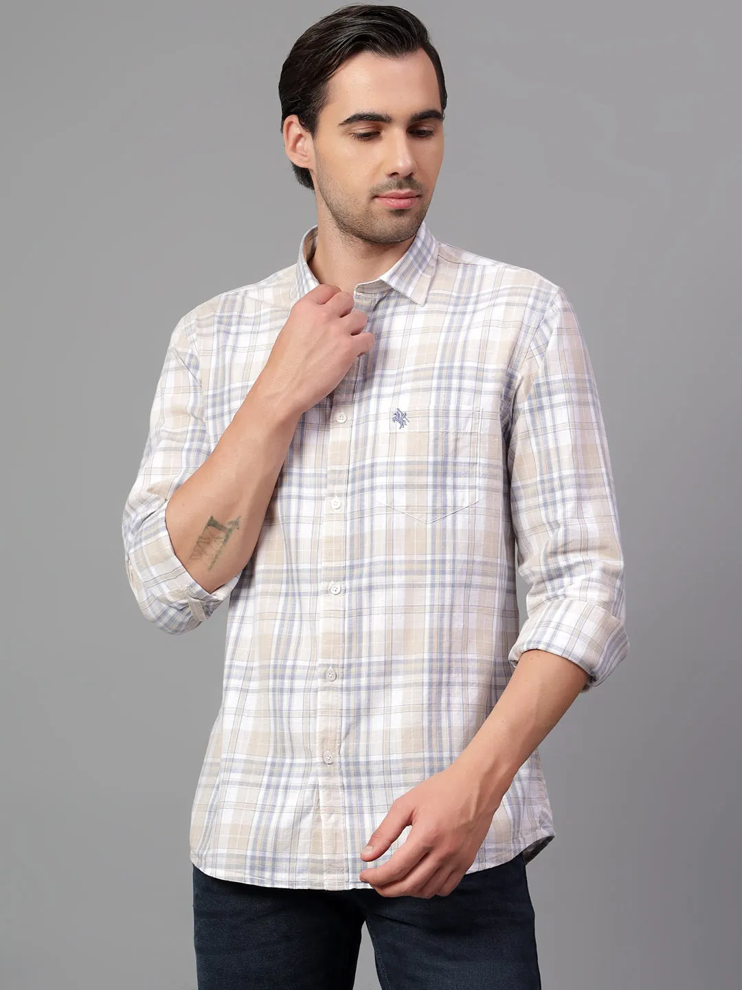 Men's Beige Checked Full Sleeve Casual Shirt