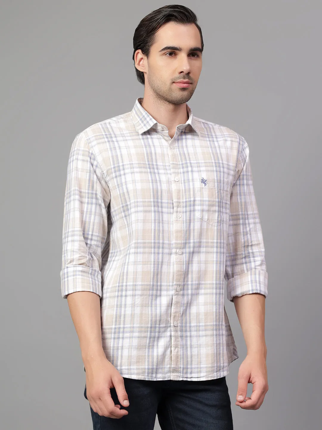 Men's Beige Checked Full Sleeve Casual Shirt