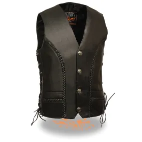 Men’s Black Braided Side Lace Vest w/ Buffalo Snaps