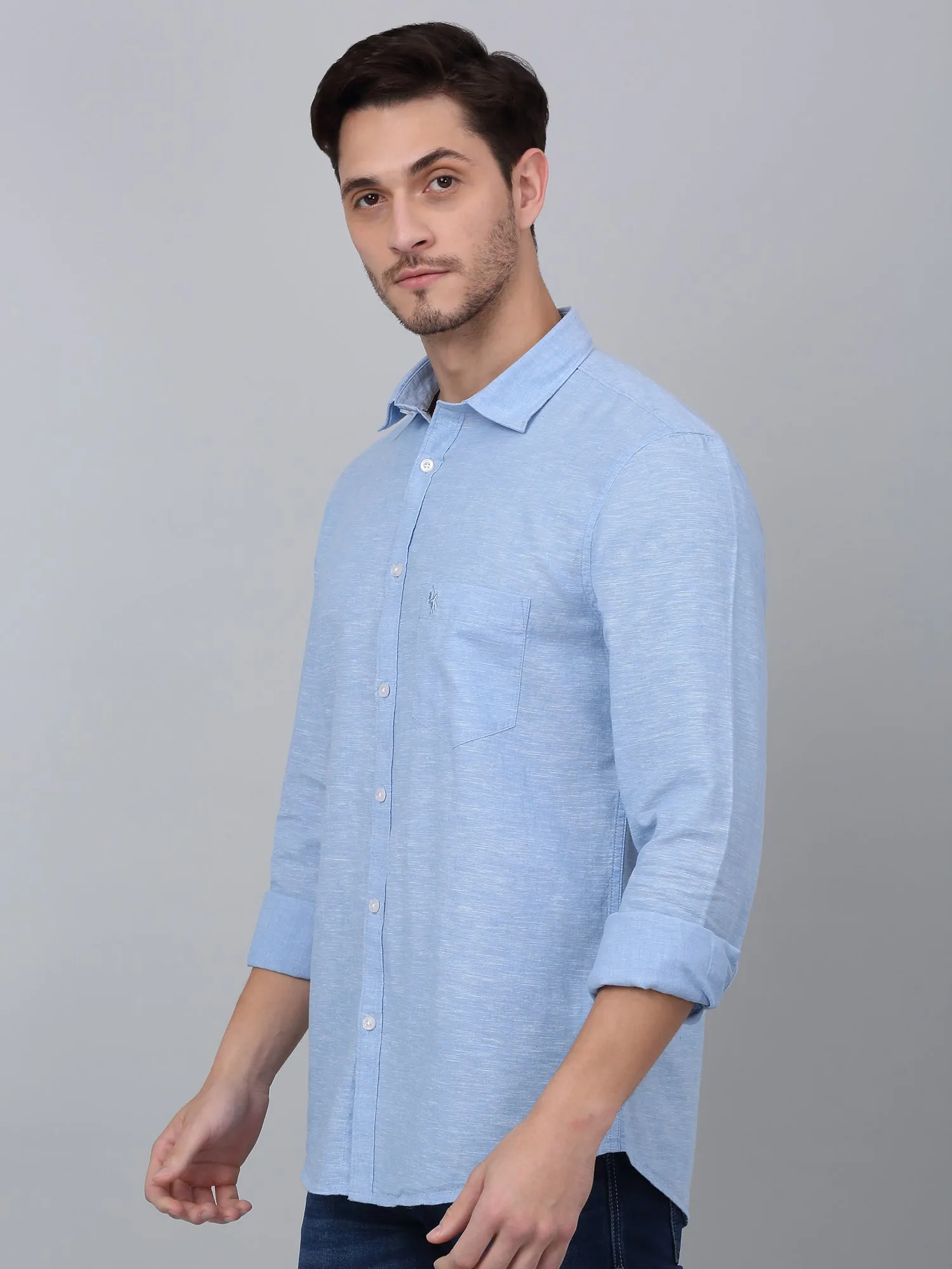 Men's Blue Casual Plain Full Sleeve Shirt