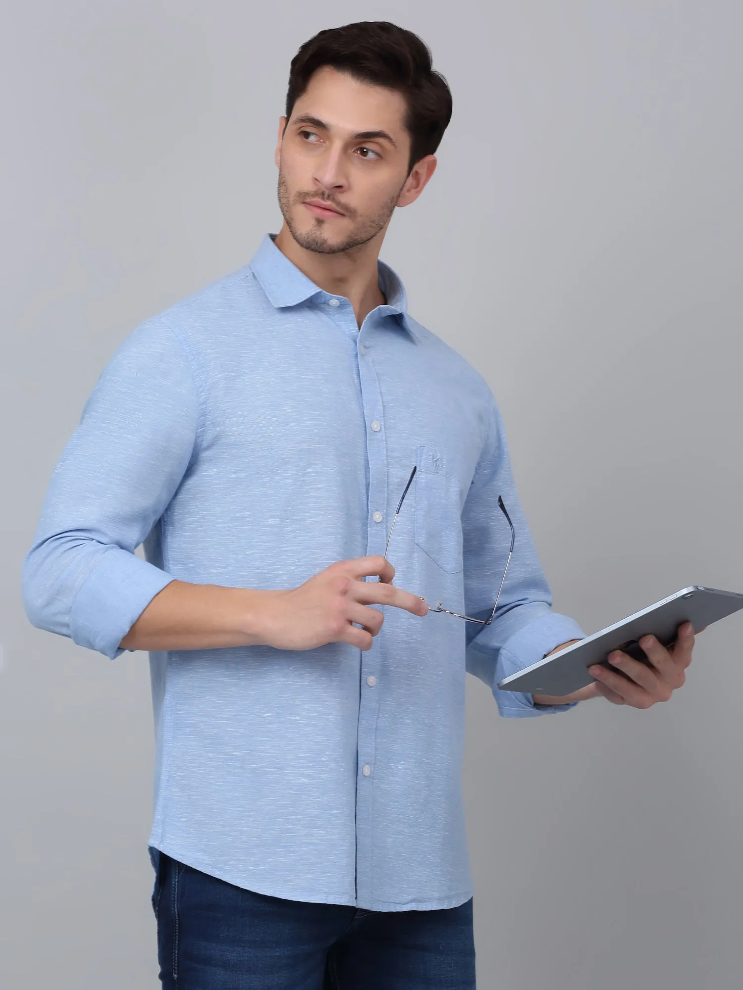 Men's Blue Casual Plain Full Sleeve Shirt