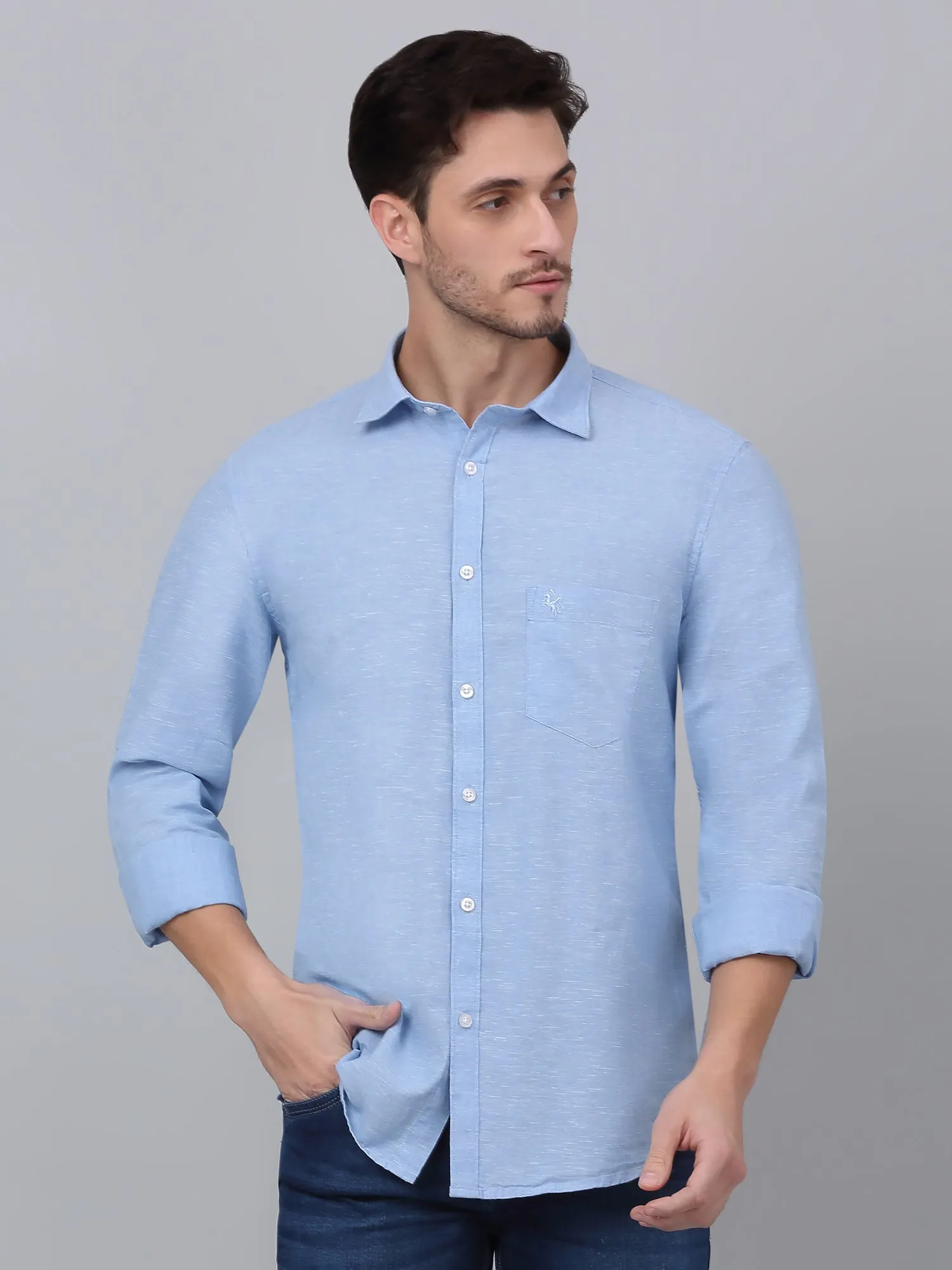 Men's Blue Casual Plain Full Sleeve Shirt