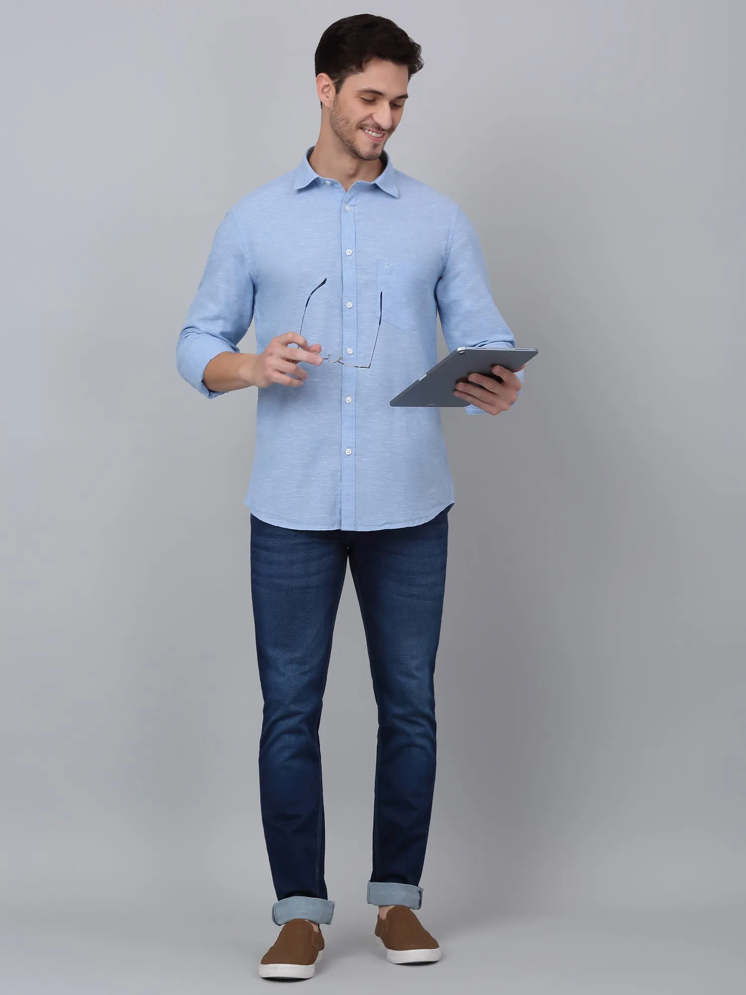 Men's Blue Casual Plain Full Sleeve Shirt